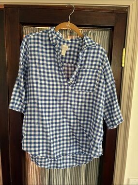 Chico's Linen Blue and White Gingham Button-Down Shirt